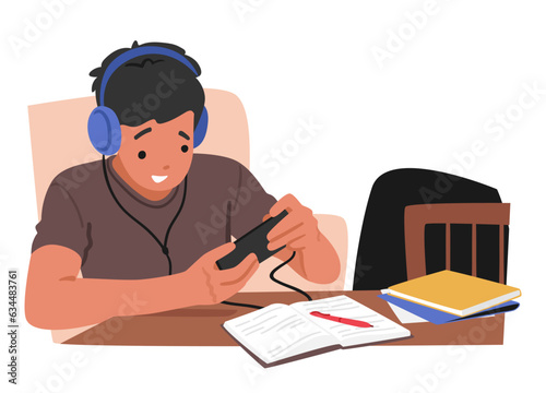 Teenager Engrossed In A Mobile Game. Teen Boy Character Illustrating The Concept Of Addiction, Vector Illustration