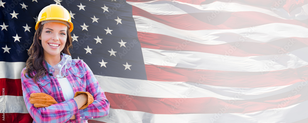 © Andy Dean - Female Contractor Wearing Blank Yellow Hardhat and Gloves Over Waving American Flag Background Banner.