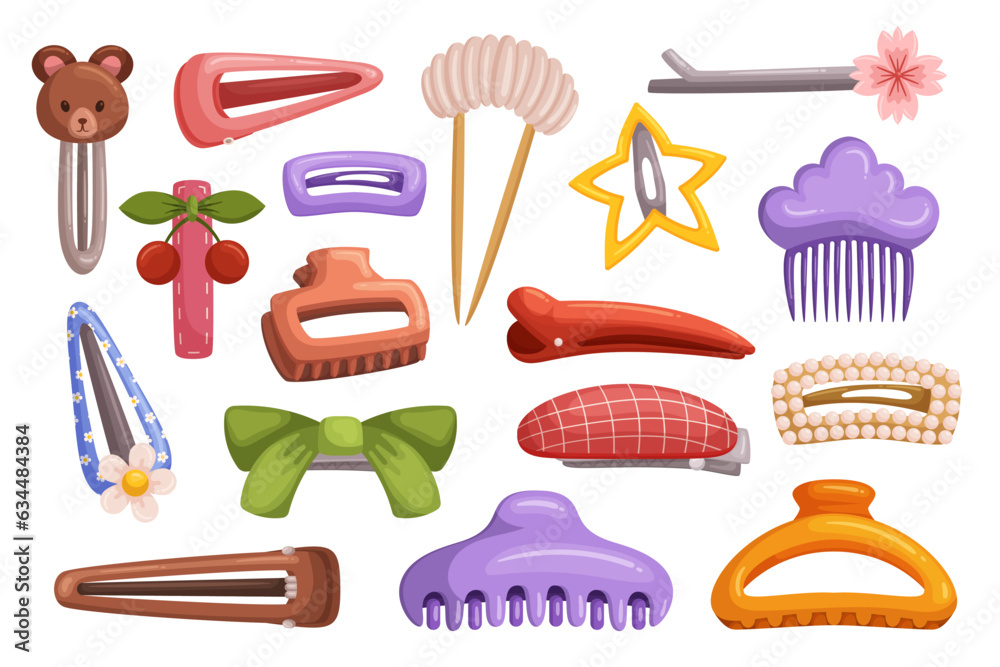 Hair Clips Isolated Set. Collection Of Functional Hairpins For Girls And Women, Perfect For Holding Hair In Place Hair Clips Isolated Set. Collection Of Functional Hairpins For Girls And Women, Perfect For Holding Hair In Place