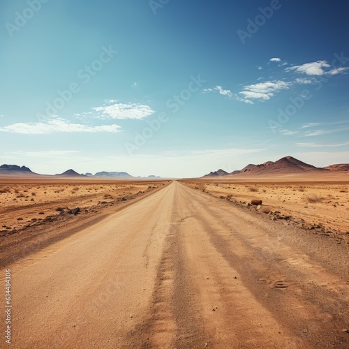 a wide dirt road landscape in the desert during a clear summer day above the horizon, generative ai