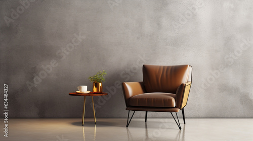  Brown cushion retro chair with gold steel leg  wooden top side table  books  cake and glass of coffee in clean  blank polished cement wall  floor room for loft interior design product