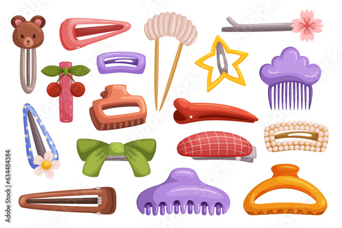 Hair Clips Isolated Set. Collection Of Functional Hairpins For Girls And Women, Perfect For Holding Hair In Place