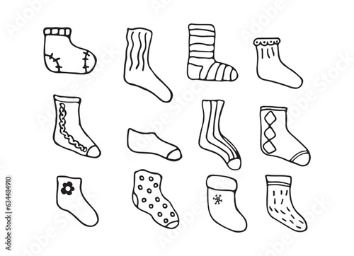 socks trendy set. Modern socks in different colors. Socks for men, women, children. Cartoon design for web and print. Isolated on white background. Vector illustration