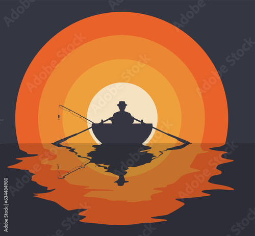 A fisherman pulls on his oars to row a boat with the setting sun in the background. This is a graphic design sunset with ripples in the water.