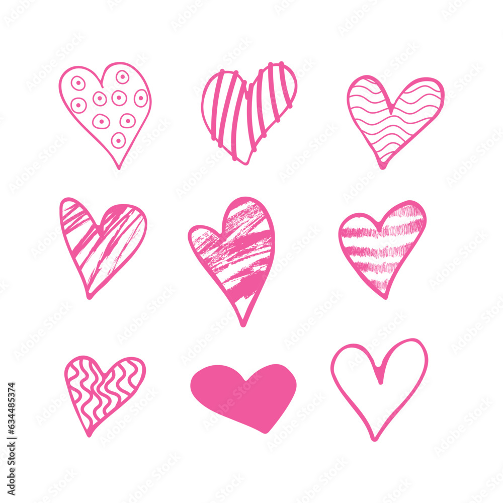 pink hearts doodle set. Different shapes and patterns of hearts isolated on a white background. Valentine's Day. Clipart. Vector illustration