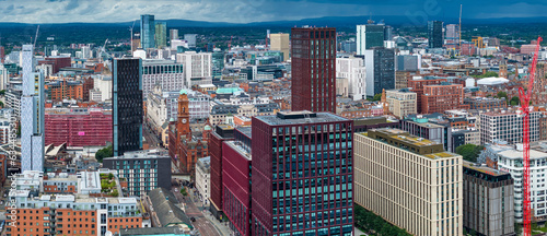 Aerial view of Manchester downtown and skyline development, photographed abbe oxford Road. 