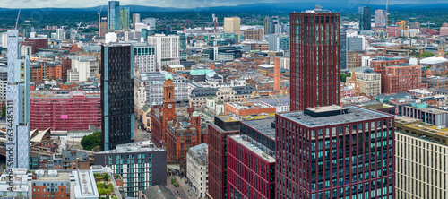 Aerial view of Manchester downtown and skyline development, photographed abbe oxford Road. 