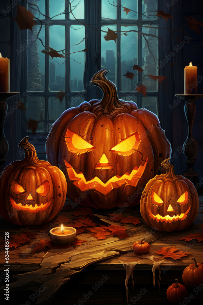 halloween pumpkin. illustration of a jack on the background of the window and the moon. orange and black. scary and cute grin, smile halloween pumpkin. illustration of a jack on the background of the window and the moon. orange and black. scary and cute grin, smile