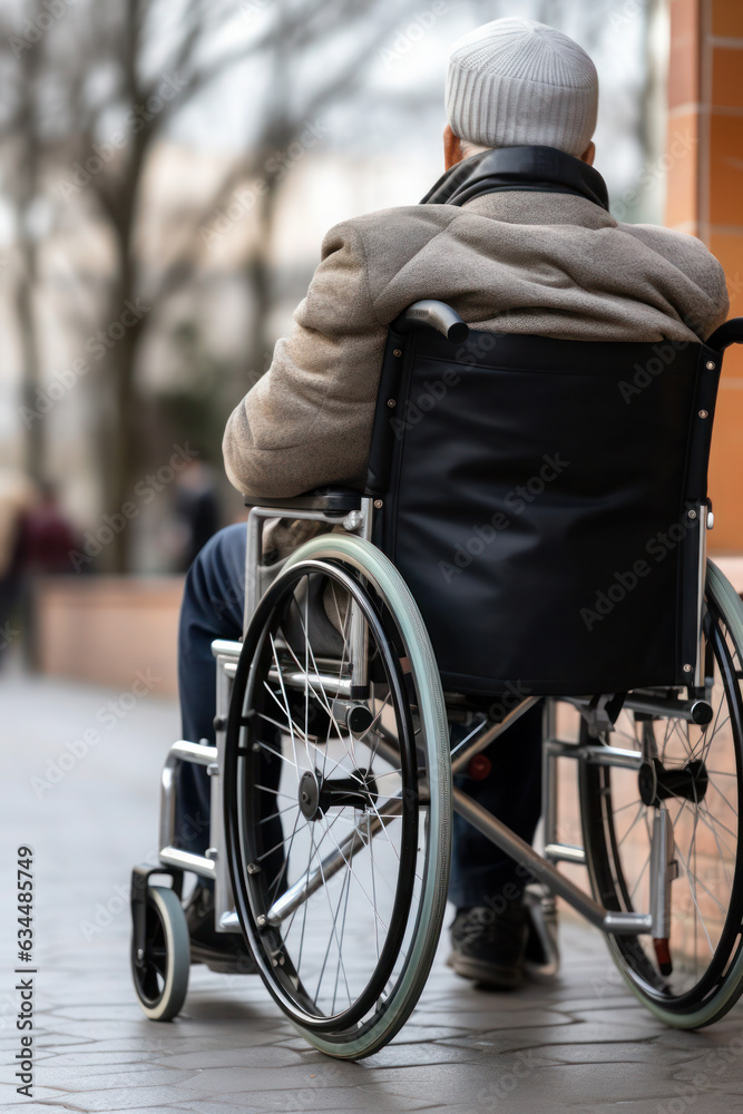 Fototapeta premium back view. a man is sitting in a wheelchair. support and assistance to a disabled person, a person with disabilities