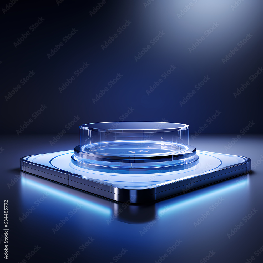 Modern showcase scene illuminated, platform for product presentation, neon lights, glowing - created with Generative AI technology Modern showcase scene illuminated, platform for product presentation, neon lights, glowing - created with Generative AI technology