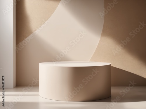 Blank beige brown cement curve counter podium with texture  soft beautiful dappled sunlight  leaf shadow on white wall for luxury organic cosmetic  skincare  beauty treatment product background 3D