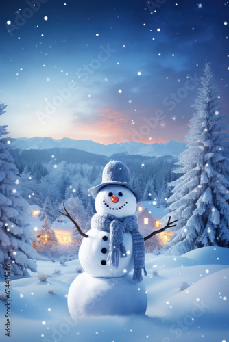 Snowman in a hat on a blue background. night, lights and magic. christmas and new year, winter. fairy forest. © Svetlana