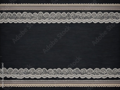 Black denim background with lace borders and small leather label. Dark grey denim jeans fabric texture and vintage lace tape. 
