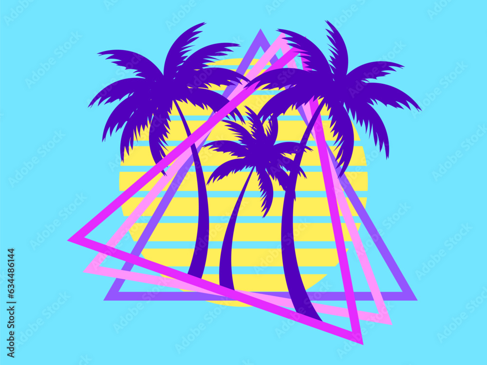 80s palm trees at sunset. Summer time. Retro futuristic sun. Synthwave and retrowave style. Design for advertising brochures, banners and posters. Vector illustration