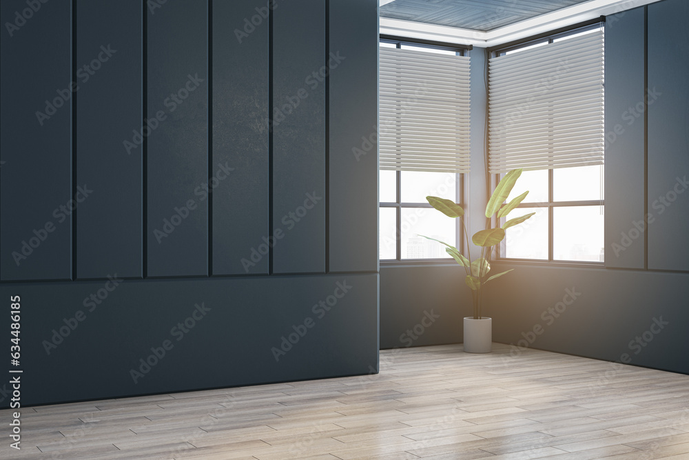 Obraz premium Empty black interior with decorative plant, window, blinds and daylight. 3D Rendering.