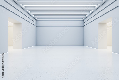 Modern white concrete gallery interior with mock up place on wall and arches. 3D Rendering.
