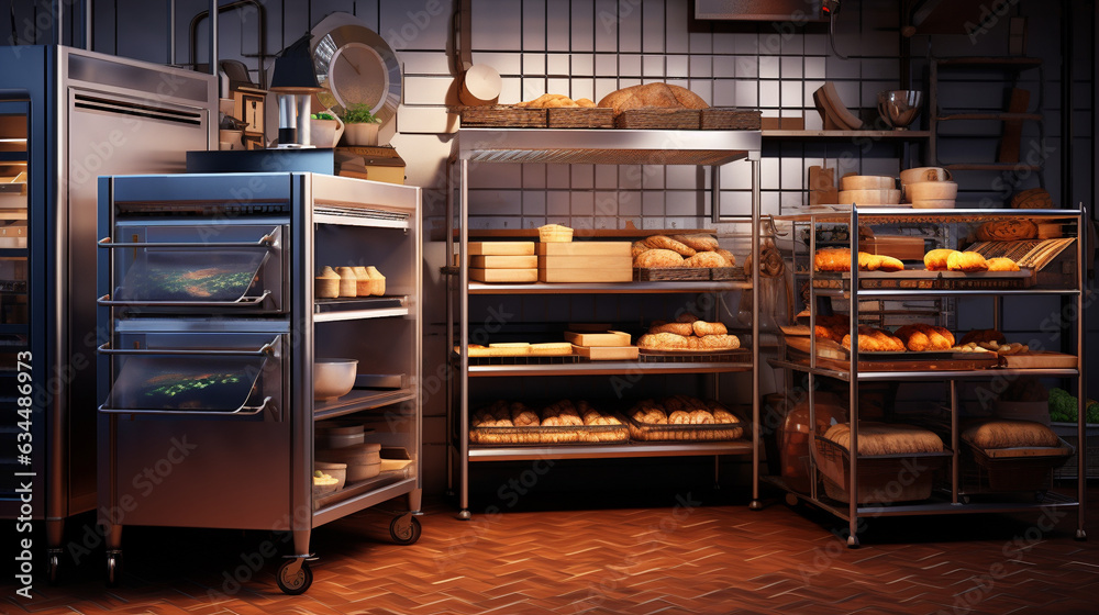 Commercial, Professional Bakery Kitchen and Stainless Steel Convection, Deck Oven, Freezer, Refrigerator, Kneading Machine, Table, Cabinet, Bread, Bun and Ingredient for Baking, Business Background Commercial, Professional Bakery Kitchen and Stainless Steel Convection, Deck Oven, Freezer, Refrigerator, Kneading Machine, Table, Cabinet, Bread, Bun and Ingredient for Baking, Business Background