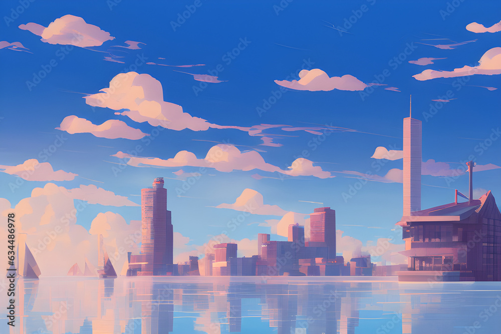 City on the Sea, Building, Cloudy blue sky, A whole new world. Generative AI
