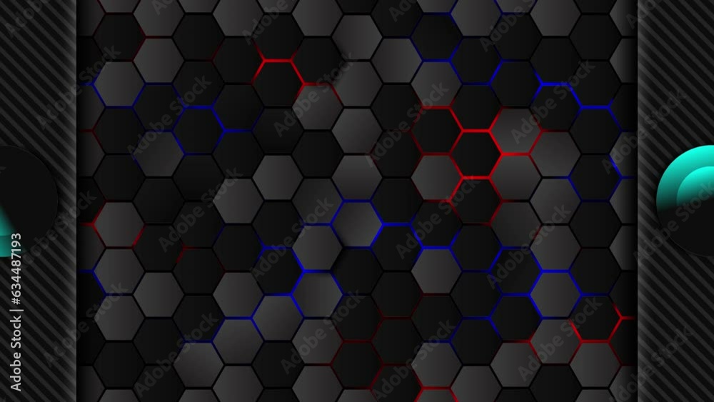 Modern shiny blue red geometric lines pattern glowing hexagon lines on dark futuristic technology concept background