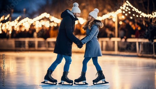 Fotografie, Obraz Romantic couple kissing while ice skating on winter night