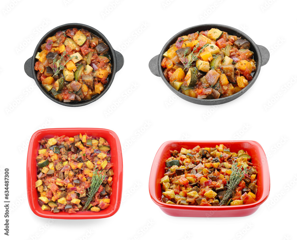 Tasty ratatouille in baking dishes isolated on white, top and side views. Collage design Tasty ratatouille in baking dishes isolated on white, top and side views. Collage design