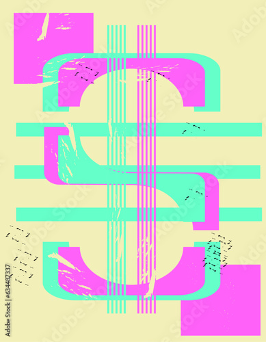 Abstract, linear retro drawing sign dollar, multicolored stripes, circles, aged paper. 