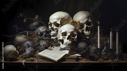 Skulls and books on a table with candles and candlelight in the background. Dark magic  wizardry  witchcraft  dark ritual. Generative AI