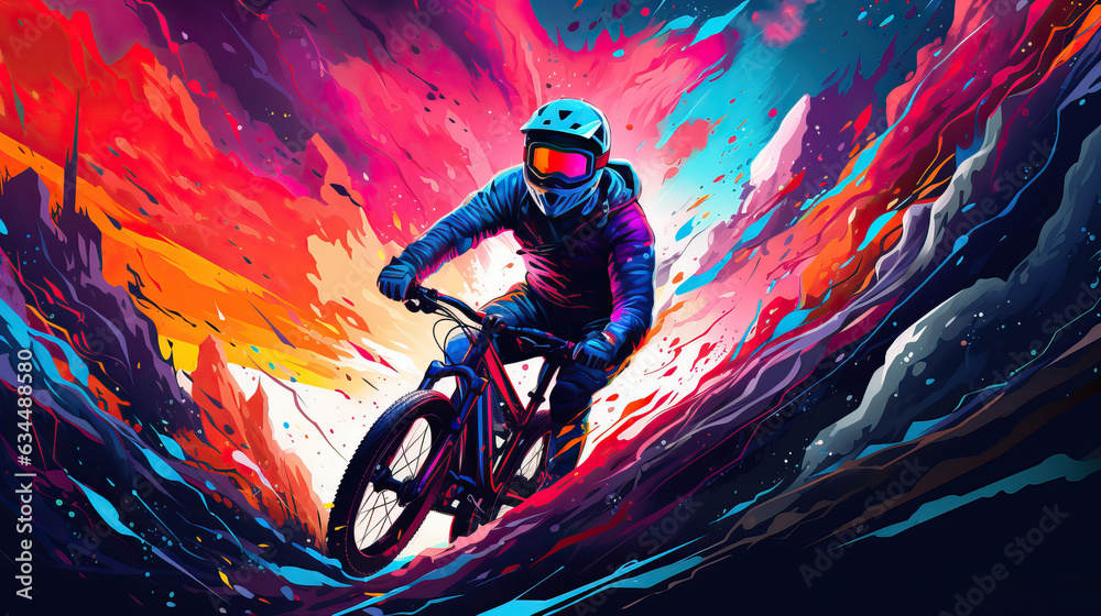 mountain biker  riding through the stream of paint - obrazy, fototapety, plakaty 