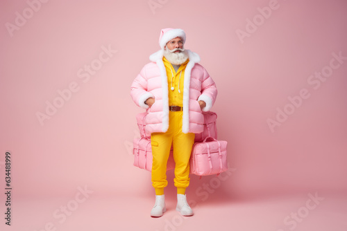 Modern Santa Claus with gift boxes, on pastel background. Christmas holidays, modern, nontraditional colors. AI generative, copy space.