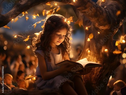 Enchanting Literacy Scene: Child Lost in Book's Magic Amid Glowing Lanterns | International Literacy Day