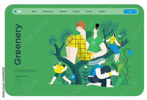 Greenery, ecology -modern flat vector concept illustration of people on a tree, surrounded by plants. Metaphor of environmental sustainability and protection, closeness to nature