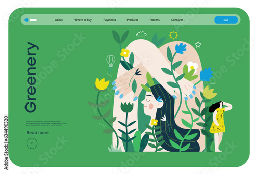 Greenery, ecology -modern flat vector concept illustration of a mural of a woman, surrounded by plants. Metaphor of environmental sustainability and protection, closeness to nature