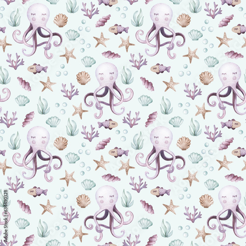 Watercolor kids seamless pattern. Watercolor jellyfish, sea-horse, coral illustrations. marine animals. For t-shirt print, wear design, baby shower, kids cards, linens, wallpaper, textile, fabric.