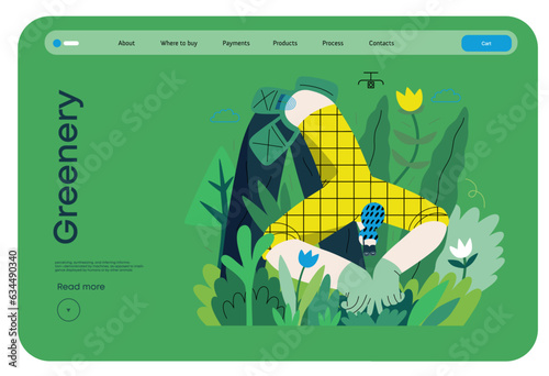 Greenery, ecology -modern flat vector concept illustration of a female gardener carrying the plants. Metaphor of environmental sustainability and protection, closeness to nature