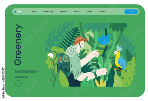 Greenery, ecology -modern flat vector concept illustration of a woman exploring the jungle and a wild bird in a tree. Metaphor of environmental sustainability and protection, closeness to nature