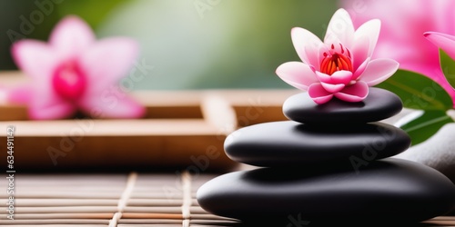 Lily and spa stones in zen garden. Stack of spa massage stones with pink flowers on defocused wellness background