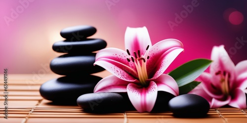 Lily and spa stones in zen garden. Stack of spa massage stones with pink flowers on defocused wellness background
