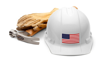White Hardhat with an American Flag Decal on the Front with Leather Gloves and Hammer Transparent PNG.