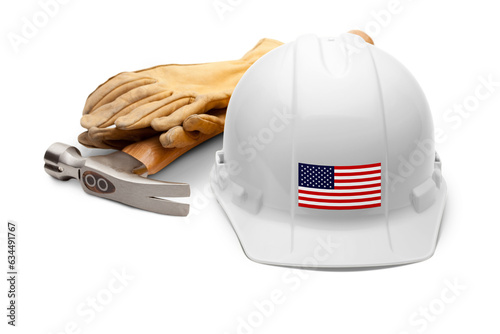 White Hardhat with an American Flag Decal on the Front with Leather Gloves and Hammer Transparent PNG.