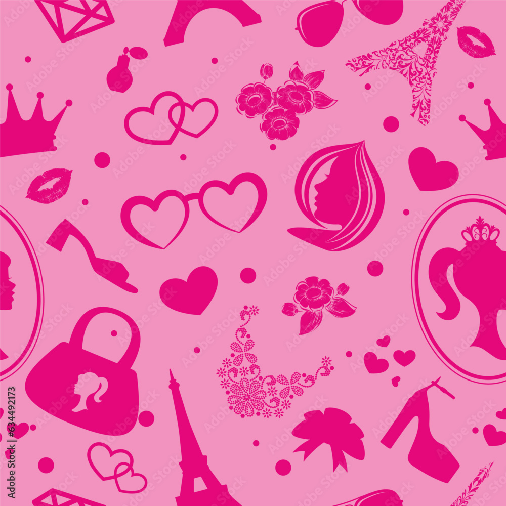Pink doll accessories seamless silhouettes