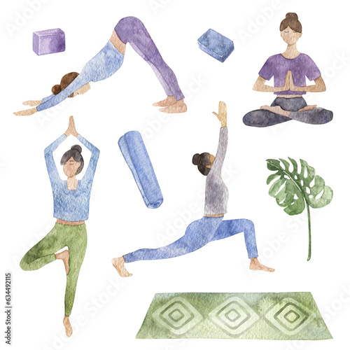 Set of watercolor woman in various yoga poses. Watercolor illustrations Isolated on white. Hand-drawn pictures of girl meditating, stretching. Home decor background.