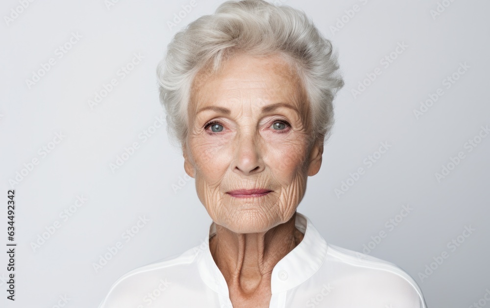 A tight shot capturing the beauty of a well-cared-for grandmother set against a neutral, isolated background. A tight shot capturing the beauty of a well-cared-for grandmother set against a neutral, isolated background.