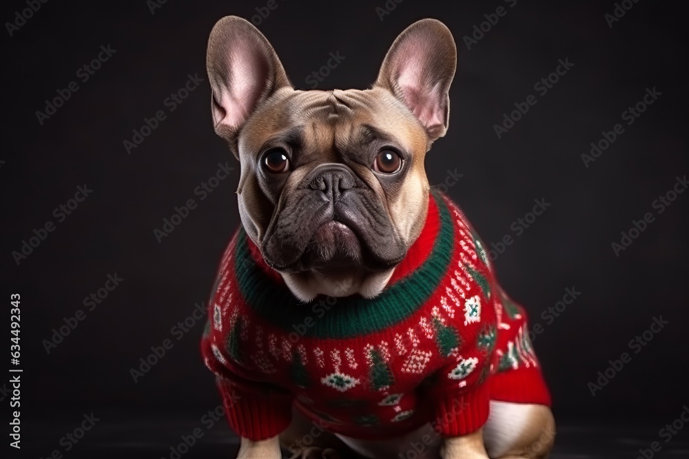 Funny french bulldog with christmas clothes. Generative AI