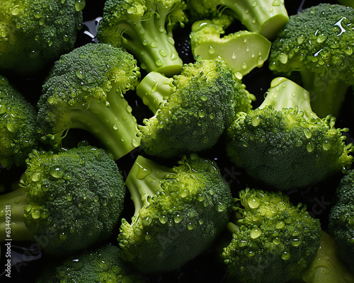 Fresh Broccoli Buds with Droplets of Water, Top-View Close-Up Background