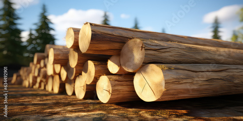 Lumber in the forest, cut wooden logs in the stack. Logging, harvesting wood for fuel and firewood. 