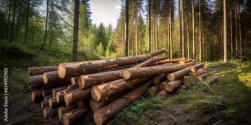 Lumber in the forest, cut wooden logs in the stack. Logging, harvesting wood for fuel and firewood. 