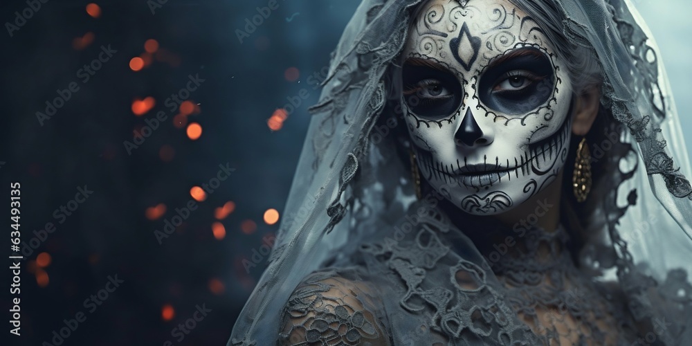 Naklejka premium Death Skeleton Woman Portrait with Halloween Face Makeup. Generative ai