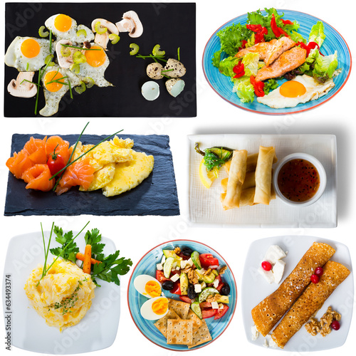 Collage of various breakfast foods on a white background