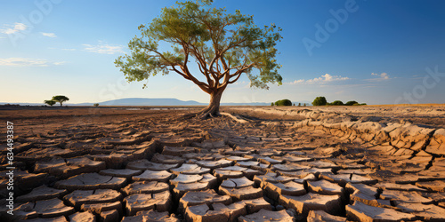 Tree on cracked ground. Creative concept of climate change impact, drought, and environmental crisis. 