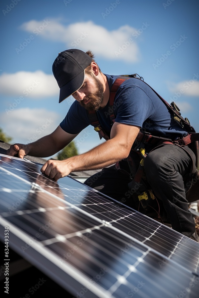 A handyman installing solar panels on the rooftop | Generative AI A handyman installing solar panels on the rooftop | Generative AI
